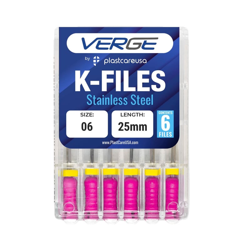 VERGE 25mm Endo K Files, Stainless Steel, #6 Pink, 6/Pk. Square cross-sectional shape makes them