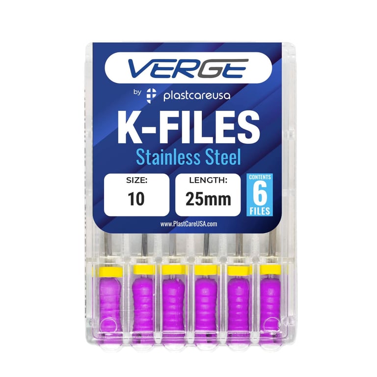 VERGE 25mm Endo K Files, Stainless Steel, #10 Purple, 6/Pk. Square cross-sectional shape makes