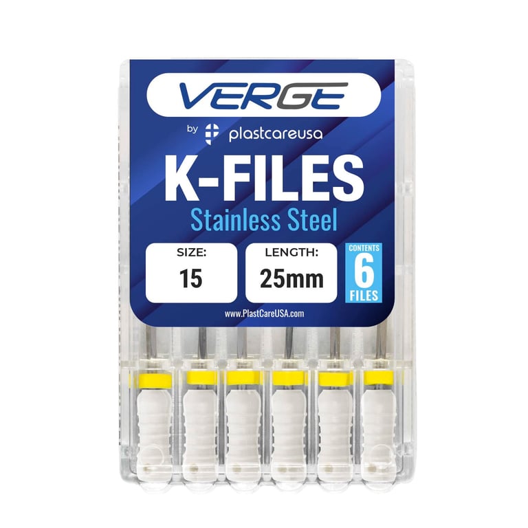 VERGE 25mm Endo K Files, Stainless Steel, #15 White, 6/Pk. Square cross-sectional shape makes them