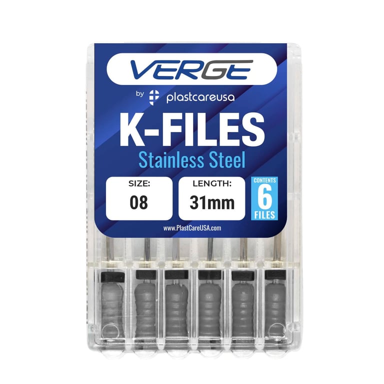 VERGE 31mm Endo K Files, Stainless Steel, #8 Grey, 6/Pk. Square cross-sectional shape makes them
