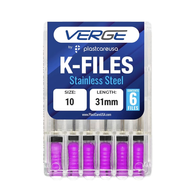 VERGE 31mm Endo K Files, Stainless Steel, #10 Purple, 6/Pk. Square cross-sectional shape makes