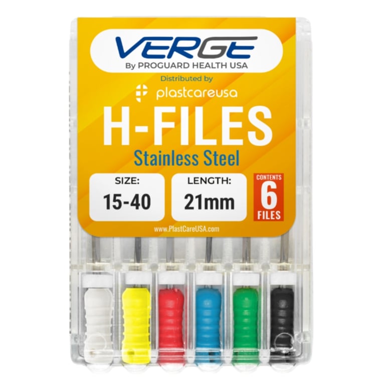 VERGE 21 mm Endo Hedstrom Root Canal H Files, Stainless Steel, Size #15-40, Assorted, 6/Pk