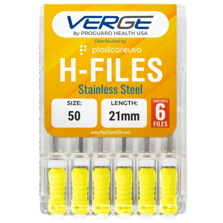 VERGE 21 mm Endo Hedstrom Root Canal H Files, Stainless Steel, Size #50, Yellow, 6/Pk. Precision