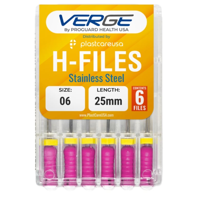 VERGE 25 mm Endo Hedstrom Root Canal H Files, Stainless Steel, Size #6, Pink, 6/Pk. Precision