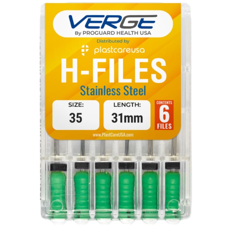 VERGE 31 mm Endo Hedstrom Root Canal H Files, Stainless Steel, Size #35, Green, 6/Pk. Precision