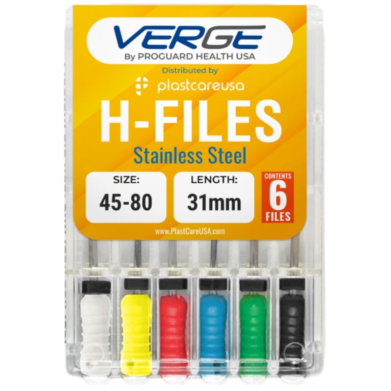 VERGE 31 mm Endo Hedstrom Root Canal H Files, Stainless Steel, Size #45-80, Assorted, 6/Pk