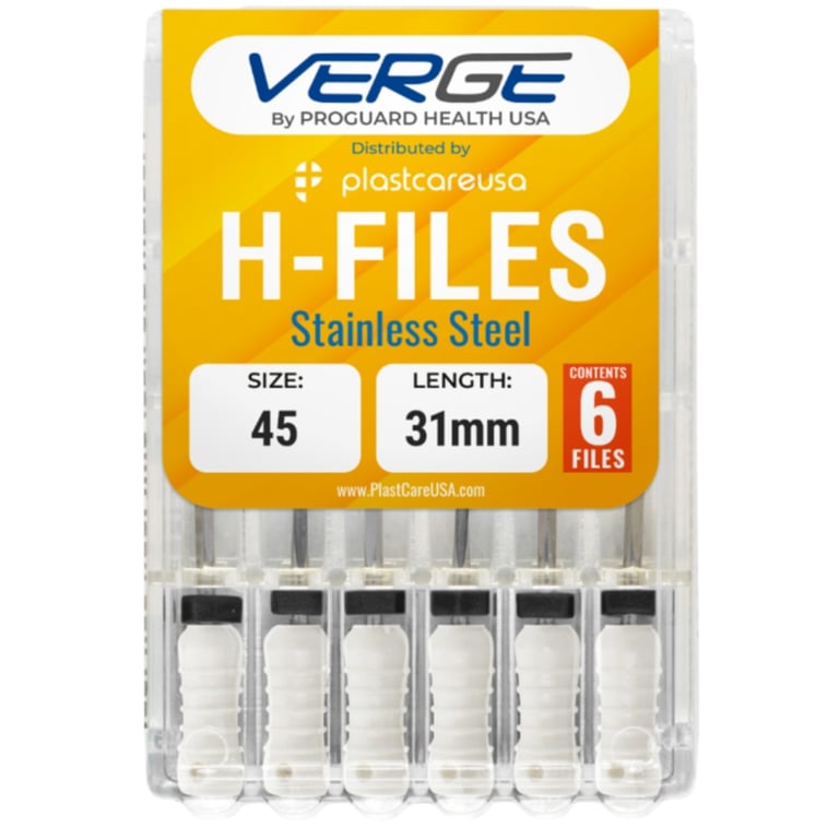 VERGE 31 mm Endo Hedstrom Root Canal H Files, Stainless Steel, Size #45, White, 6/Pk. Precision