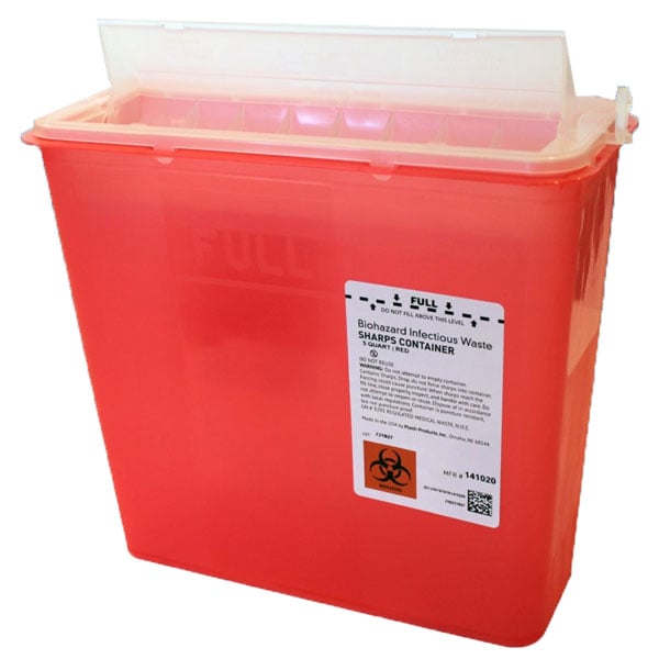 Plasti-Products 5 Quart Red Sharps Disposal Container, 10/Box, 10.5" W x 4.75" D x 10.75" H