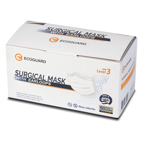 EcoGuard Surgical ASTM Level 3 Earloop Mask Black, 50/Bx. Made in USA