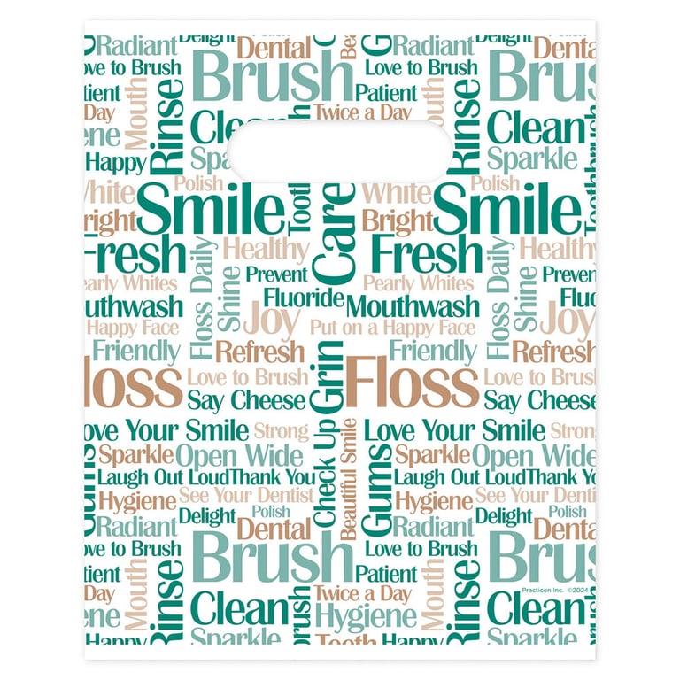 Practicon 8" x 10" 2.8mil Plastic Tooth Talk Patient Giveaway Bags, 100/Pk. Colorful, 2-sided