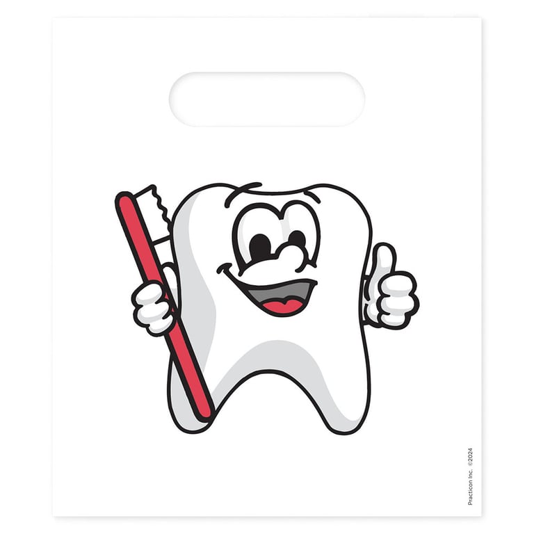 Practicon 7-3/4" x 9" 2.8mil Plastic Tootie Tooth Patient Giveaway Bags, 100/Pk. Colorful, 2-sided