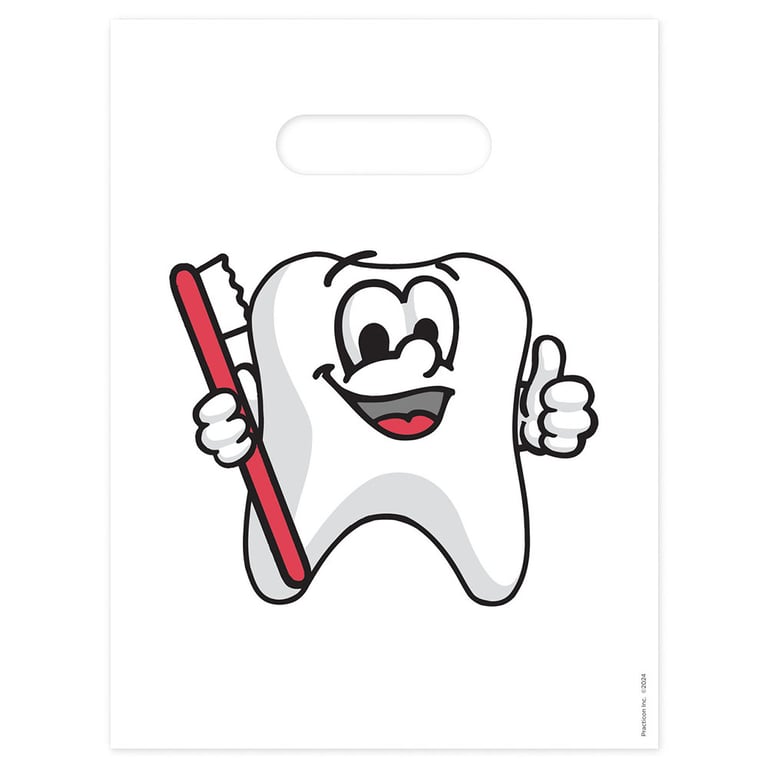 Practicon 9" x 12" 2.8mil Plastic Tootie Tooth Patient Giveaway Bags, 100/Pk. Colorful, 2-sided