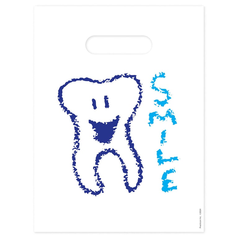 Practicon 9" x 12" 2.8mil Plastic Smile Tooth Patient Giveaway Bags, 100/Pk. Colorful, 2-sided