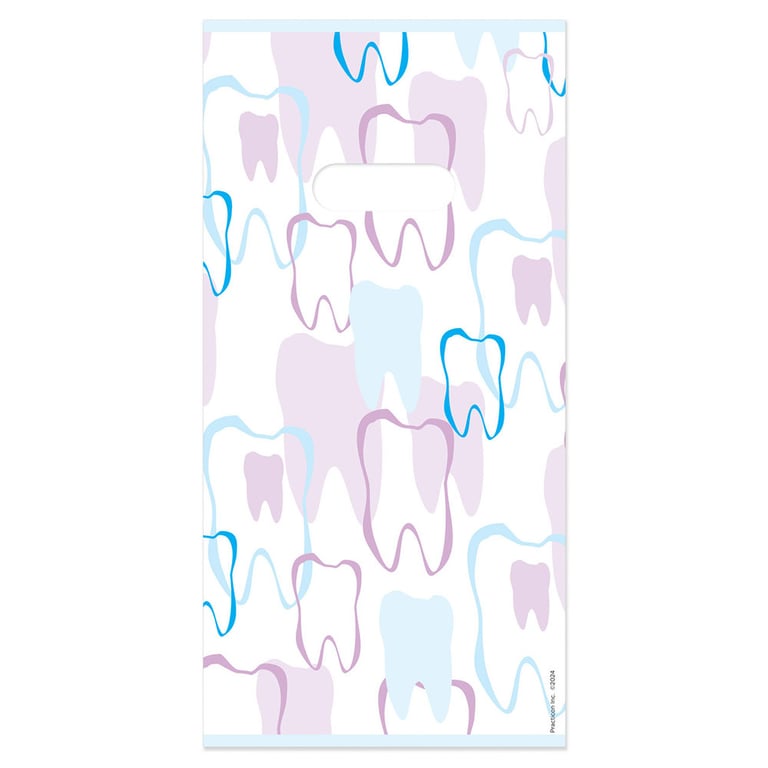 Practicon 6" x 12" 2.8mil Plastic Tooth Outline Patient Giveaway Bags, 100/Pk. Colorful, 2-sided