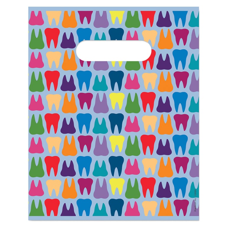 Practicon 8" x 10" 2.8mil Plastic Rainbow Teeth Patient Giveaway Bags, 100/Pk. Colorful, 2-sided