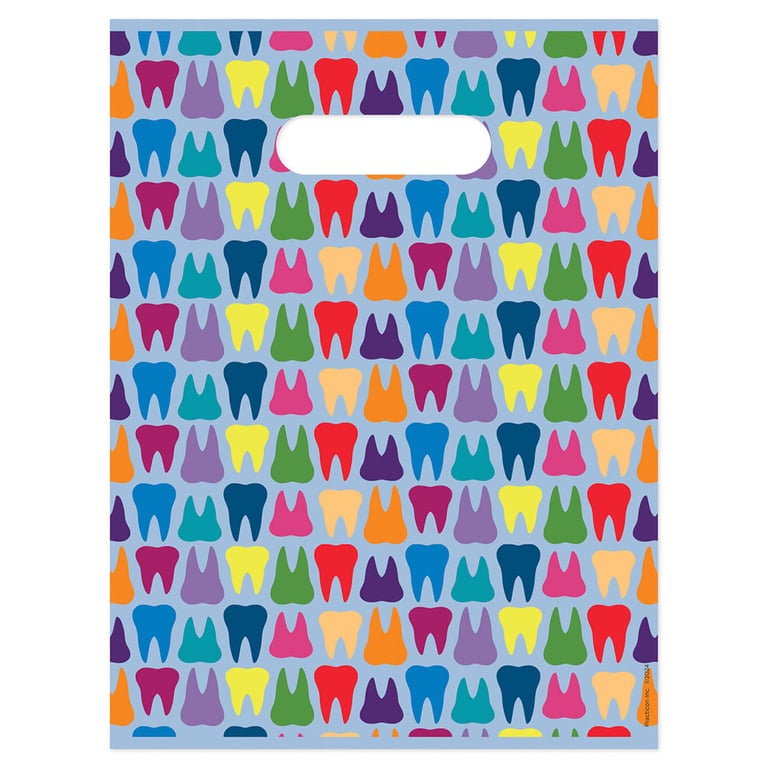 Practicon 9" x 12" 2.8mil Plastic Rainbow Teeth Patient Giveaway Bags, 100/Pk. Colorful, 2-sided