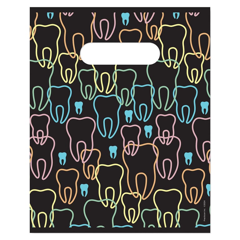 Practicon 8" x 10" 2.8mil Plastic Neon Teeth Patient Giveaway Bags, 100/Pk. Colorful, 2-sided