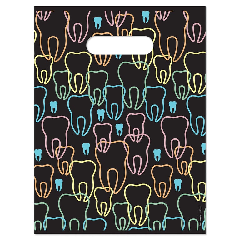 Practicon 9" x 12" 2.8mil Plastic Neon Teeth Patient Giveaway Bags, 100/Pk. Colorful, 2-sided