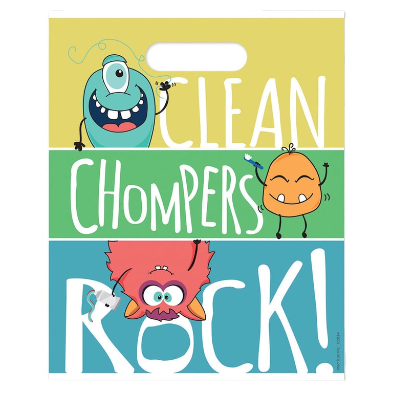 Practicon 8" x 10" 2.8mil Plastic Clean Chompers Rock! Patient Giveaway Bags, 100/Pk. Colorful