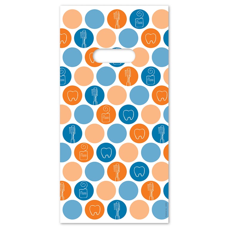Practicon 6" x 12" 2.8mil Plastic Dental Dots Patient Giveaway Bags, 100/Pk. Colorful, 2-sided
