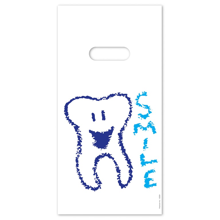 Practicon 6" x 12" 2.8mil Plastic Smile Tooth Patient Giveaway Bags, 100/Pk. Colorful, 2-sided