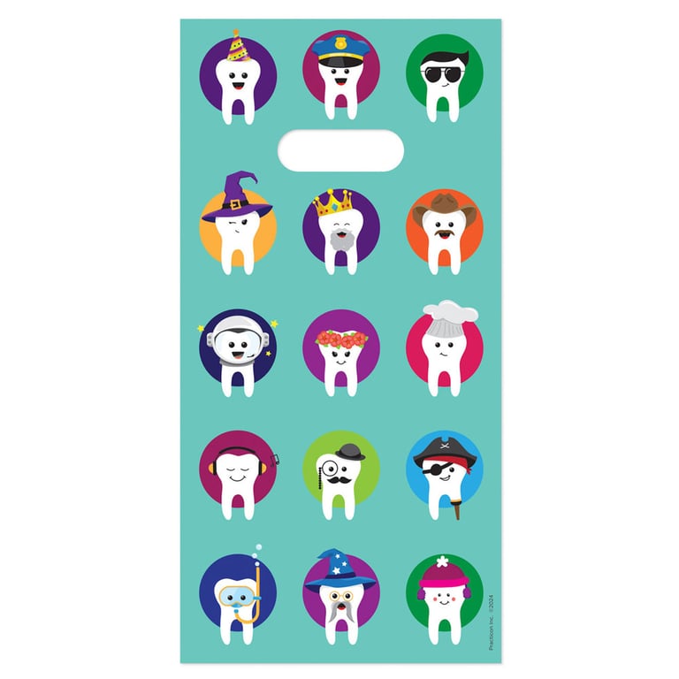 Practicon 6" x 12" Character Teeth Patient Giveaway Bags, 100/Pk. Die-cut handles. Tough, 2.8 mil