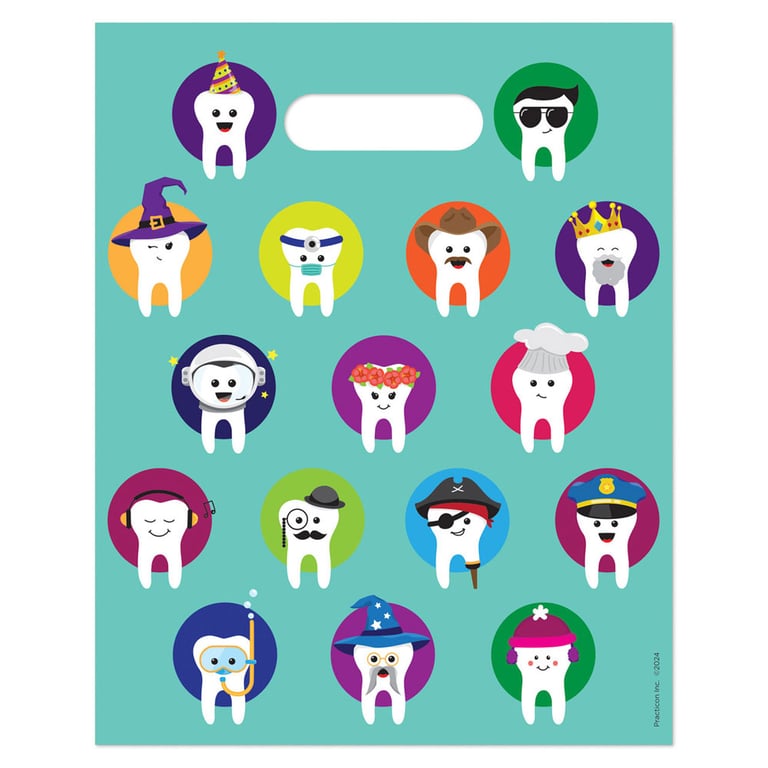 Practicon 8" x 10" Character Teeth Patient Giveaway Bags, 100/Pk. Die-cut handles. Tough, 2.8 mil