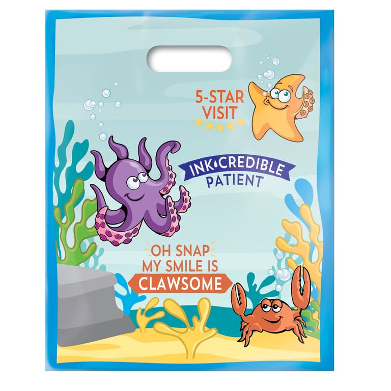 Practicon 8" x 10" FlosSeas Patient Giveaway Bags, 100/Pk. Made from 2.8 mil white plastic