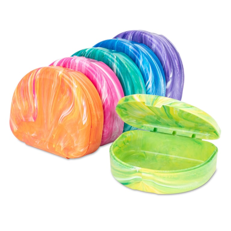 Practicon Brights Assorted Marbled-Color Retainer Cases, 24/Pk. Marbled-color retainer cases made
