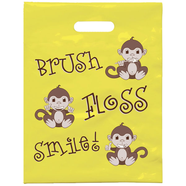 Practicon Brush Floss Smile Monkey Patient Care Bags 7-3/4" x 9", 100/Pk. Non-personalized bags