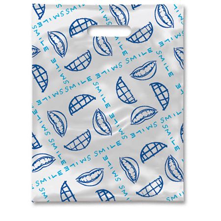 Practicon Tote Bags - 1.5 mil plastic with die-cut handles, size 8" x 10", print design: Smile