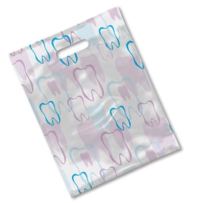 Practicon Tote Bags - 1.5 mil plastic with die-cut handles, size 9" x 12", print design: Tooth