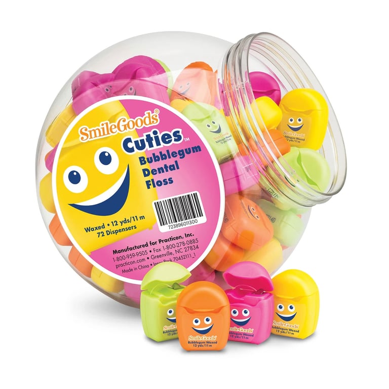SmileGoods Cuties Mini Waxed Dental Floss, Bubblegum, 72 Pieces with Display Canister. 12 yards