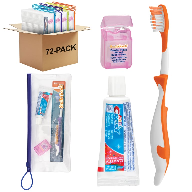 SmileGoods Child Patient Pak in a handy 4" x 10" clear vinyl zipper bag with pocket on the front