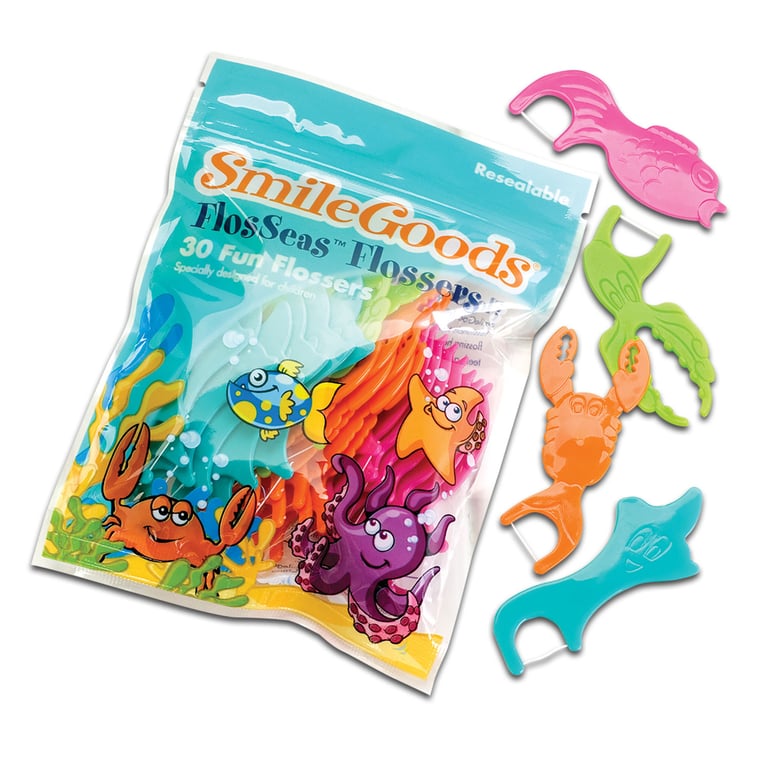 SmileGoods FlosSeas Flossers designed for children age 3+, feature high-quality nylon floss
