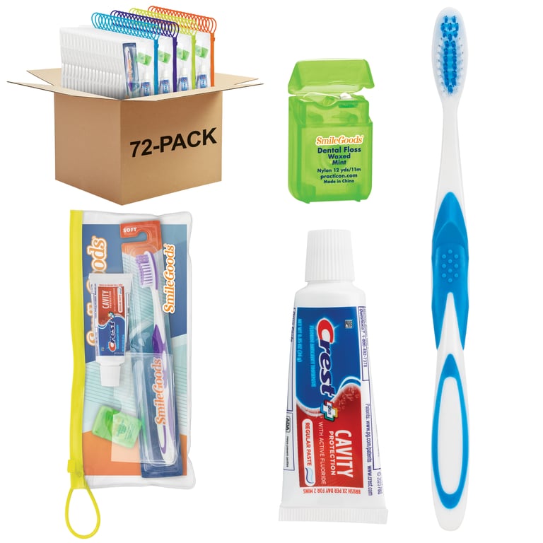 SmileGoods Adult Patient Paks in a handy 4" x 10" clear vinyl zipper bag with pocket on the front