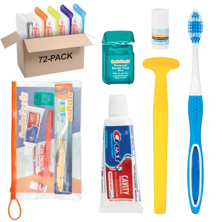 SmileGoods Deluxe Adult Patient Pak in a handy 4" x 10" clear vinyl zipper bag with pocket on
