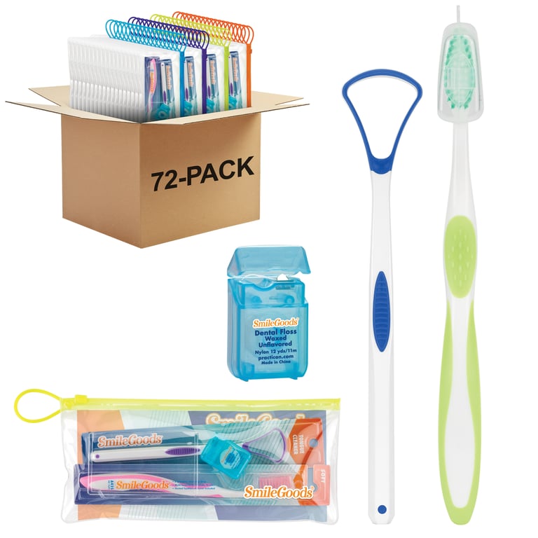 SmileGoods Adult Hygiene Patient Paks - 72 pre-packaged vinyl packs per case in assorted colors