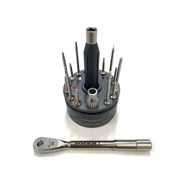 Preat Implant Buddy & Omega Wrench Set. Includes prosthetic connections (long and short): straight