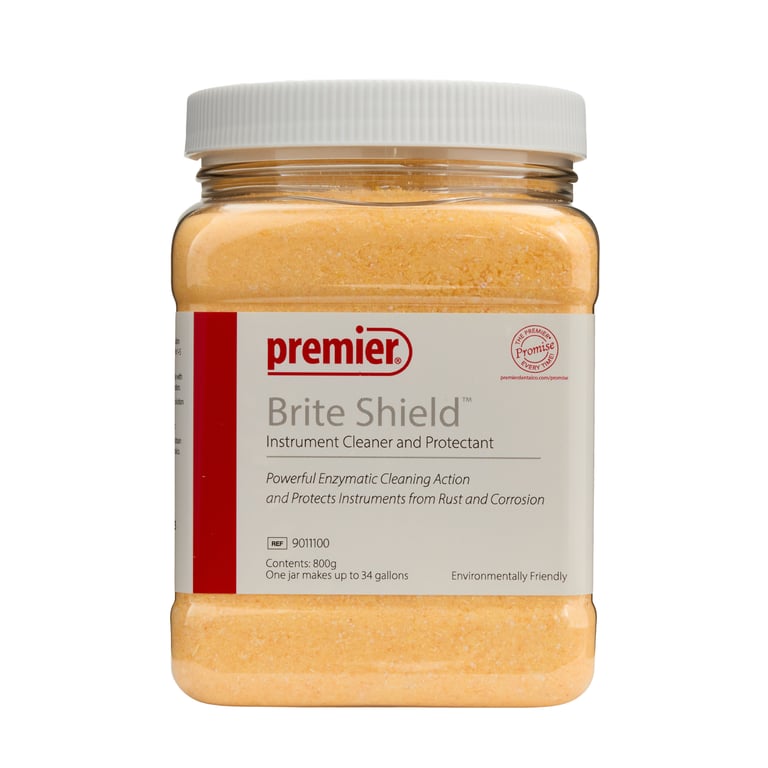 Brite Shield Powder Instrument Cleaner and Protectant, 800g Jar. Chemo-mechanically removes