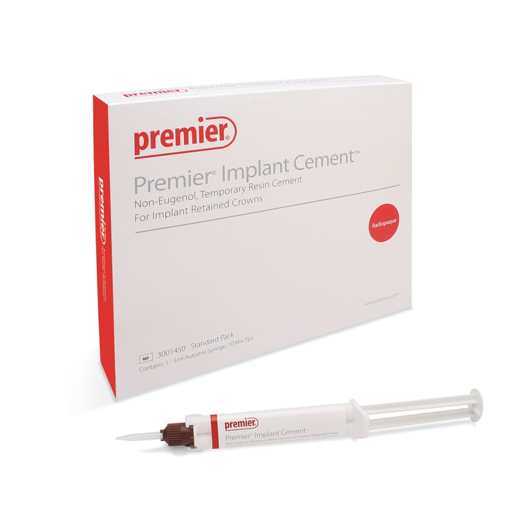 Premier Implant Cement Kit. Contains: 1 - 5 ml Automix Dual-Barrel syringe, 10 Mixing Tips, 1