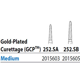 Two Striper FG 252.SB Medium Diamond Busr, Gold-Plated Curettage, 8mm Cutting Length. Pack of 5