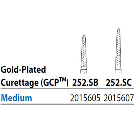 Two Striper FG 252.SC Medium Diamond Burs, Gold-Plated Curettage, 10mm Cutting Length. Pack of 5