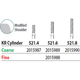 Two Striper FG #521.6 KR Cylinder Fine Diamond Bur, Pack of 5. KR Modified Shoulder Prep