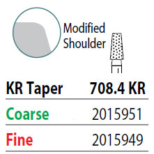 Two Striper FG #708.4 KR Taper Coarse Diamond Bur, Pack of 5. KR Modified Shoulder Prep