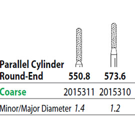 Two Striper FG #573.6 Coarse Diamond Bur, Cylinder Round-End. Pack of 5