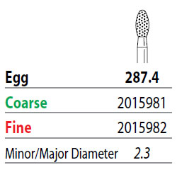 Two Striper FG #287.4 Coarse Egg shape Diamond Bur. Pack of 5
