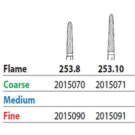 Two Striper FG #253.8 Coarse Diamond Burs, Flame shaped. Pack of 5