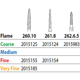 Two Striper FG #260.10 Fine Diamond Burs, Flame shaped. Pack of 5
