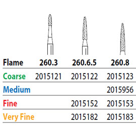 Two Striper FG #260.6.5 Very Fine Diamond Burs, Flame shaped. Pack of 5